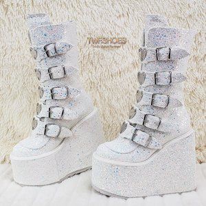 White Glitter Punk Platform Goth Boots Swing